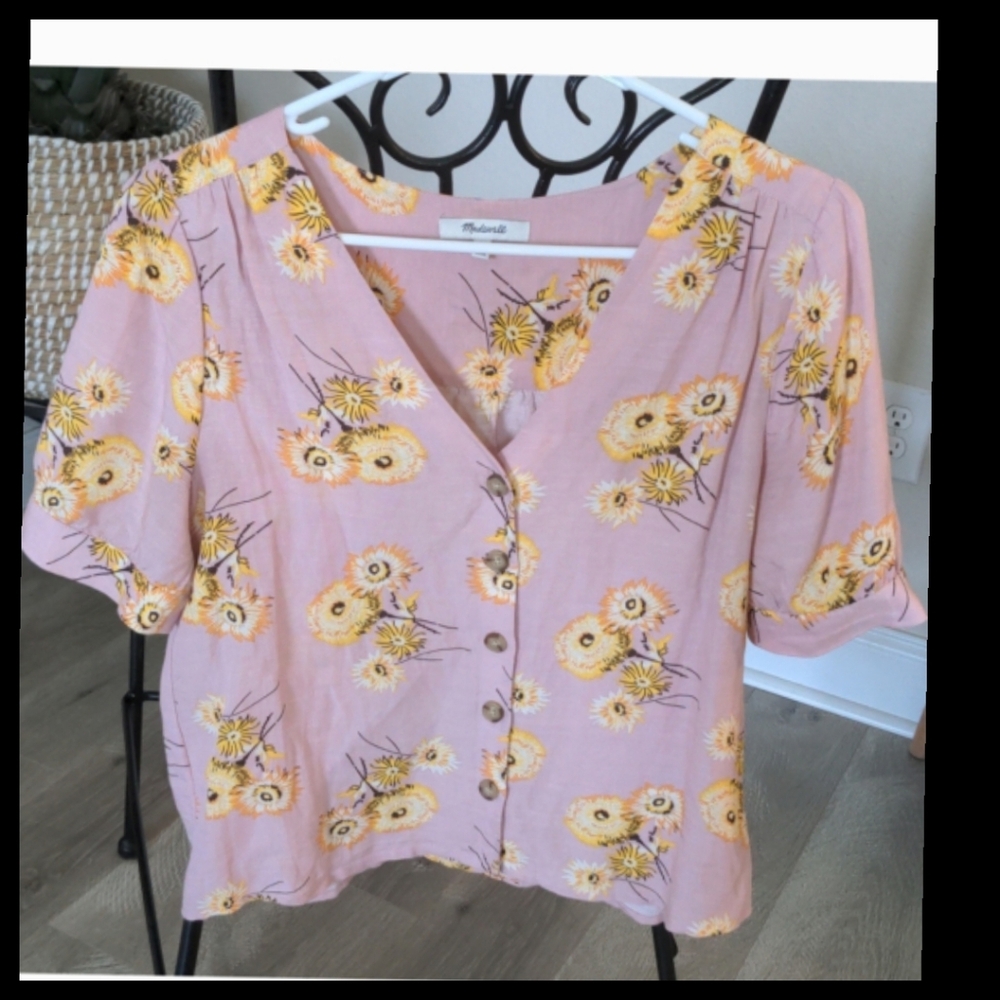 Madewell Button Front Shirt Pink Floral XS Linen Blend Plaza Dutch Dandelions